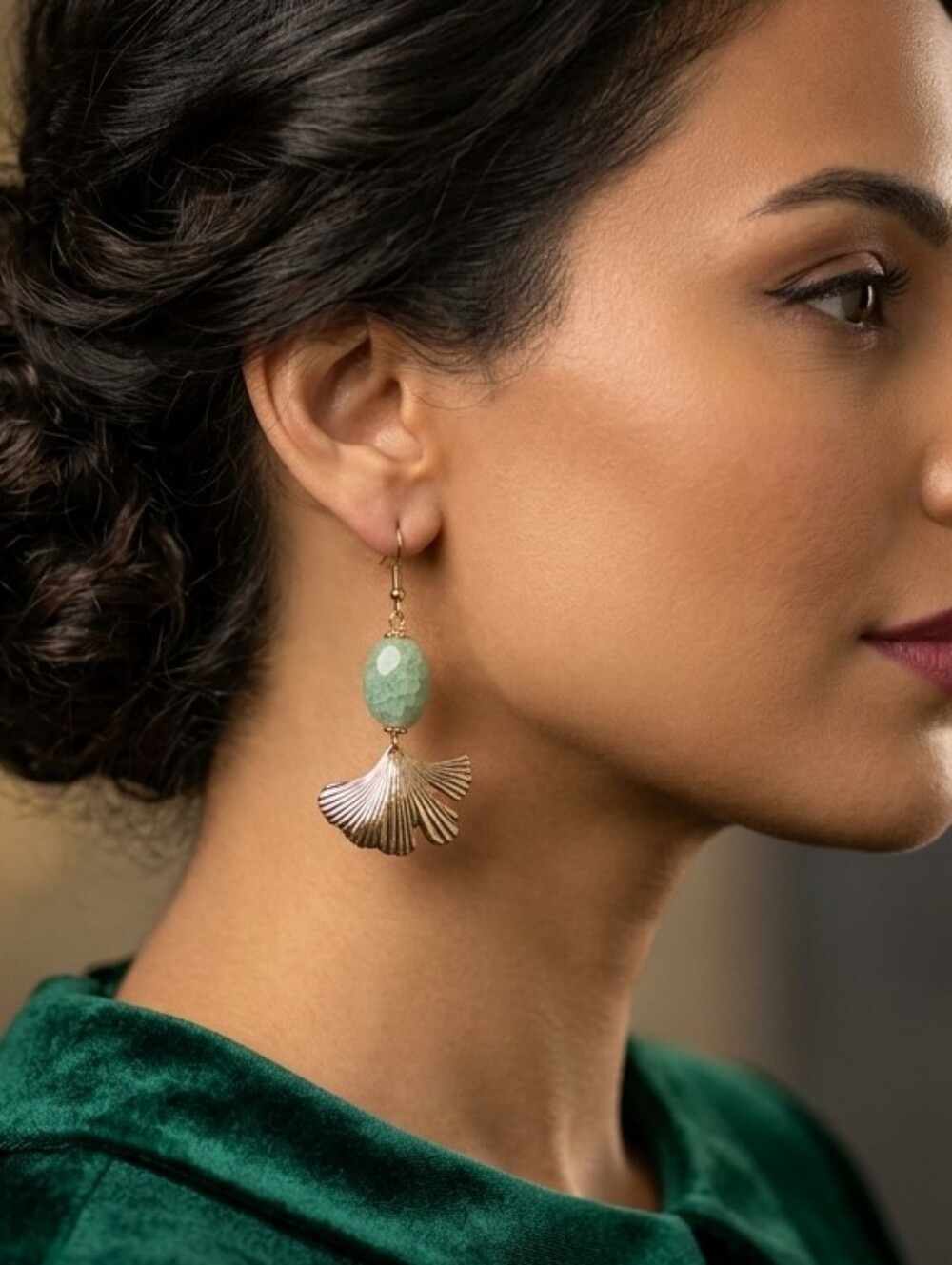 Gold Fan Drop Earrings with Mint Green Stone - Women Jewelry